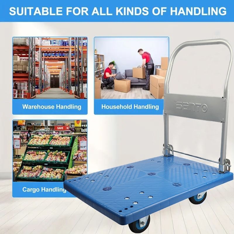 1pc Heavy Duty Metal Hand Truck With Ultra Silent Rubber Wheels, Foldable Flatbed Trolley Cart For Warehouse, Grocery, And Office Use_voghion.com