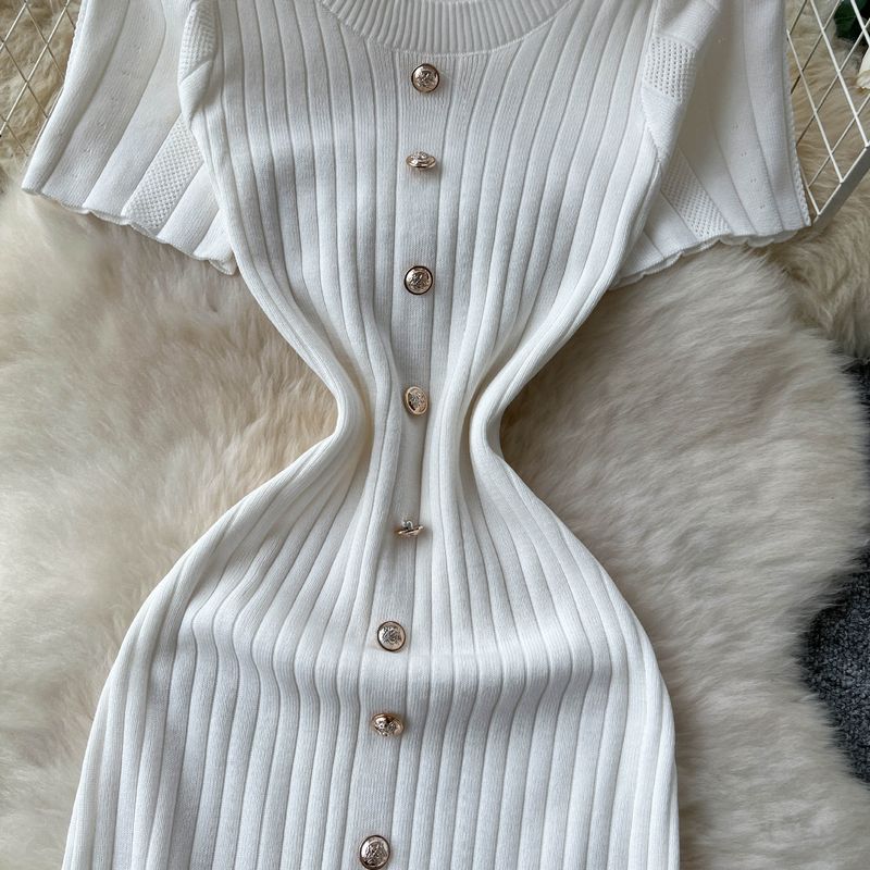 Gonna estiva in maglia con vita francese, alla moda, con bottoni in metallo, a maniche corte e aderente, da donna_voghion.com