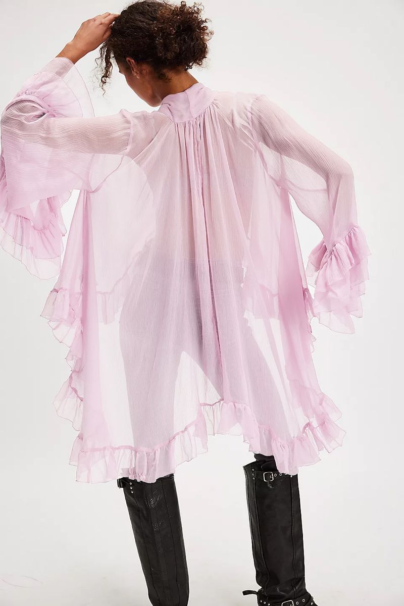 Transparente Chiffonbluse mit Glockenärmeln und Bindedetail – Elegantes, locker sitzendes Langarmoberteil für Damen, Elfenbein/Schwarz/Rosa/Orange (S/M/L)_voghion.com
