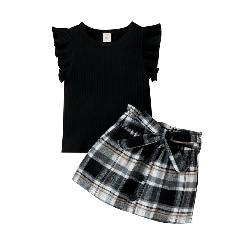 Baoshi Abbigliamento per bambini Instagram Nuovo Pit Stripe Canotta in pizzo Gonna corta a scacchi Set due pezzi_voghion.com
