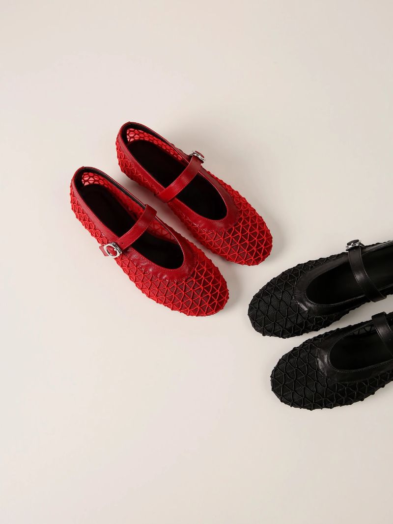 Frühlingsmode Mesh Wohnungen Hohl Mary Jane Fishnet Schuhe Strap Ballettschuhe Frauen_voghion.com