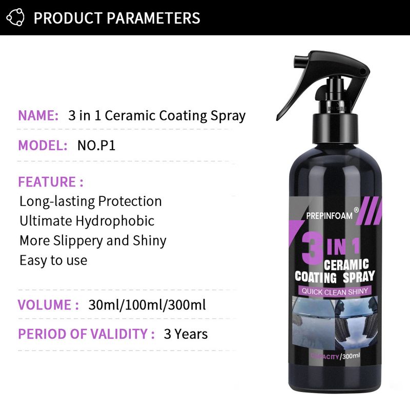 PREPINFOAM 3-in-1 Car Nano Ceramic Quick Paint Spray Wax Crystal Coating Agent_voghion.com