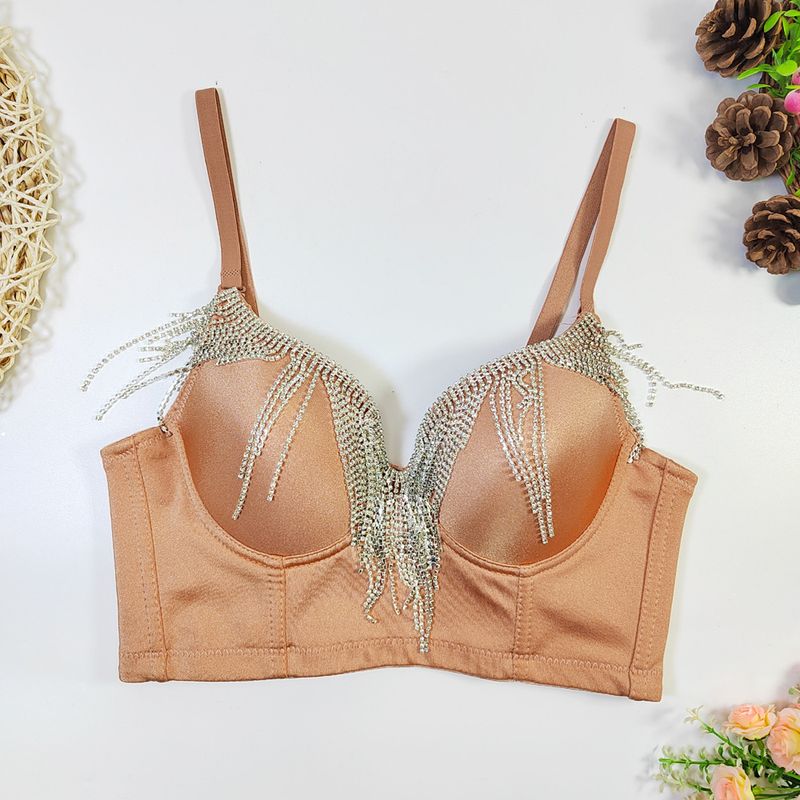 European and American cross-border source factory flash diamond tassel beaded tube top outer wear short nightclub Carnival bra_voghion.com