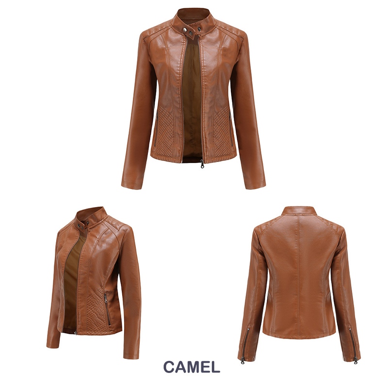 Giacca da motociclista a maniche lunghe, giacca casual in pelle da donna_voghion.com