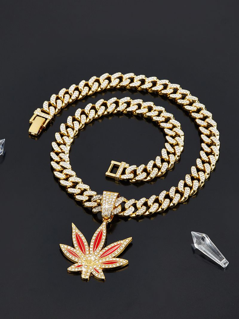 Heißer Verkauf Mode Diamant Rot Und Blau Emaille Ahornblatt Halskette Männer Hip Hop Punk Anhänger Halskette_voghion.com