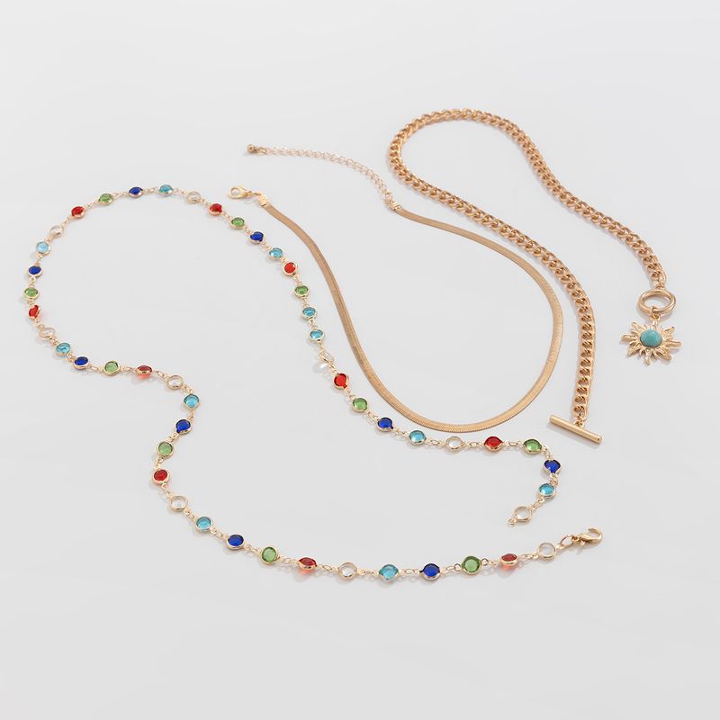 Ins Style Colorful Crystal Snake Bone Chain Necklace, Simple Turquoise Sun Pendant Set, Layered Necklace Accessory_voghion.com