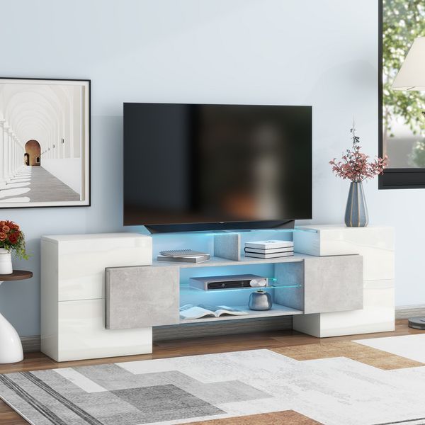 ON-TREND Unique Shape TV Stand With 2 Illuminated Glass Shelves, High Gloss Entertainment Center For TVs Up To 88', Versatile TV Cabinet With LED Co_voghion.com