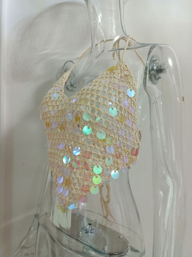 Sexy, ausgehöhltes, rückenfreies Bikinioberteil mit Perlenquasten – trendige Häkelbademode für Damen, ärmellose Strandmode mit V-Ausschnitt in mehreren Farben (S/M/L)_voghion.com