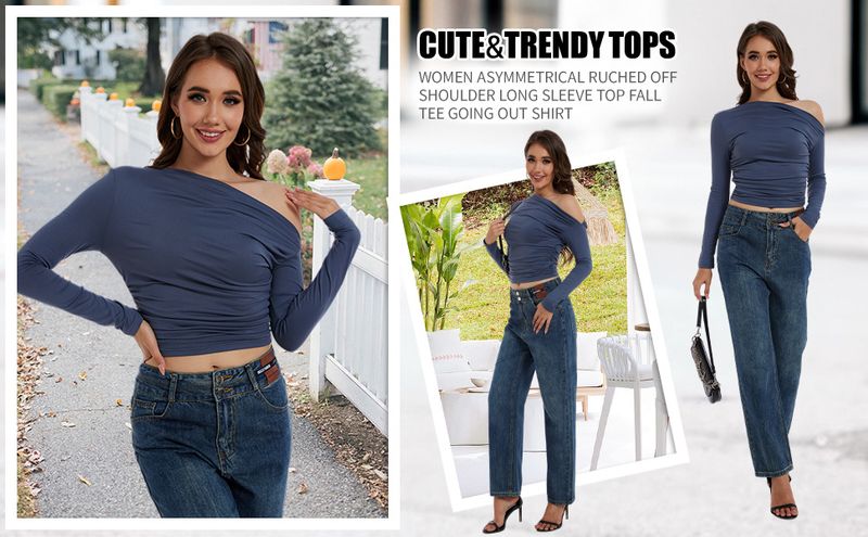 Sieviešu apģērbs Unikāls slīps plecu garās piedurknes T-krekls Karsta meitene Izejošs krekls ar apakšējo daļu Slim Fit Pulover Top ar vienu plecu_voghion.com