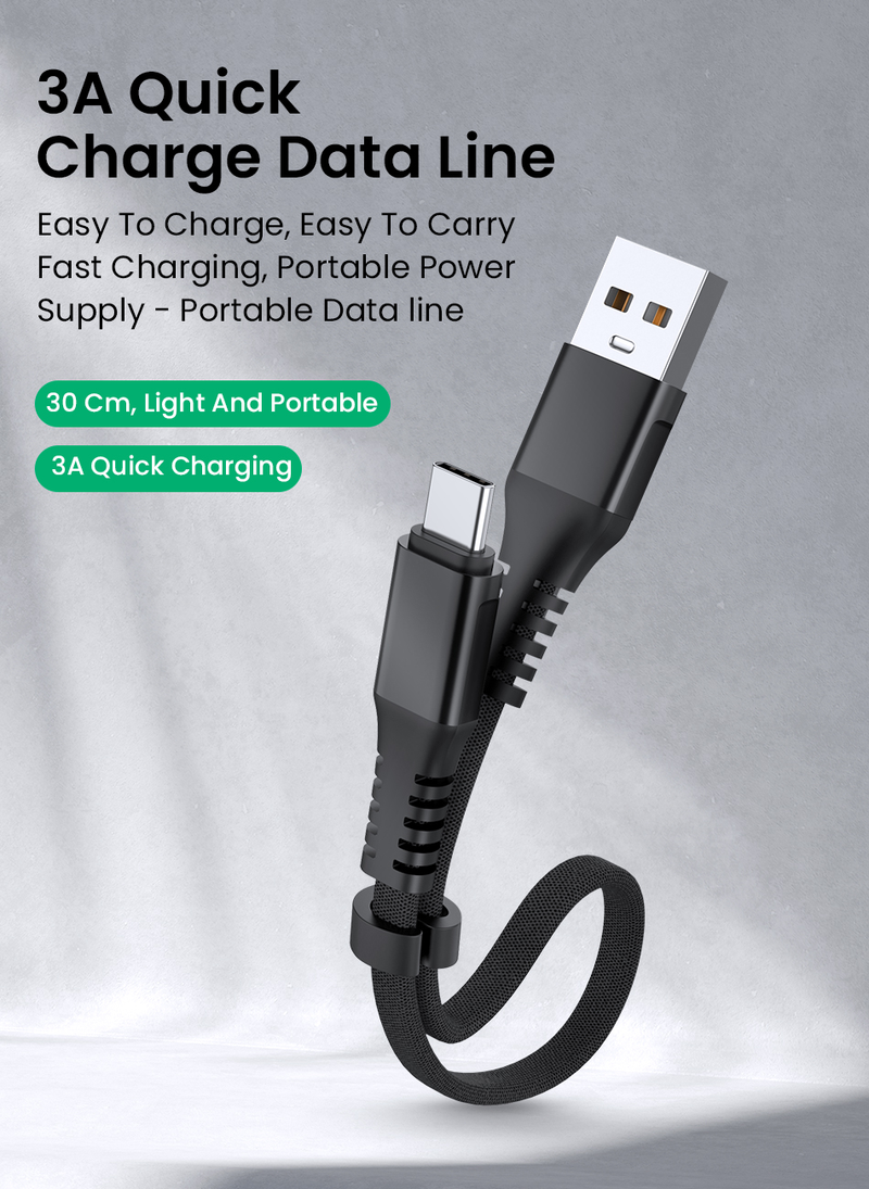 3A fast charging USB data cable 30cm foldable mini USB/Type C/8-pin Kable nylon braided short rope suitable fo_voghion.com