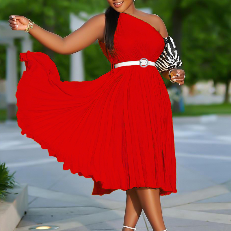 Women's with belt new fashion temperament slanted shoulders solid color pleated skirt hem _voghion.com