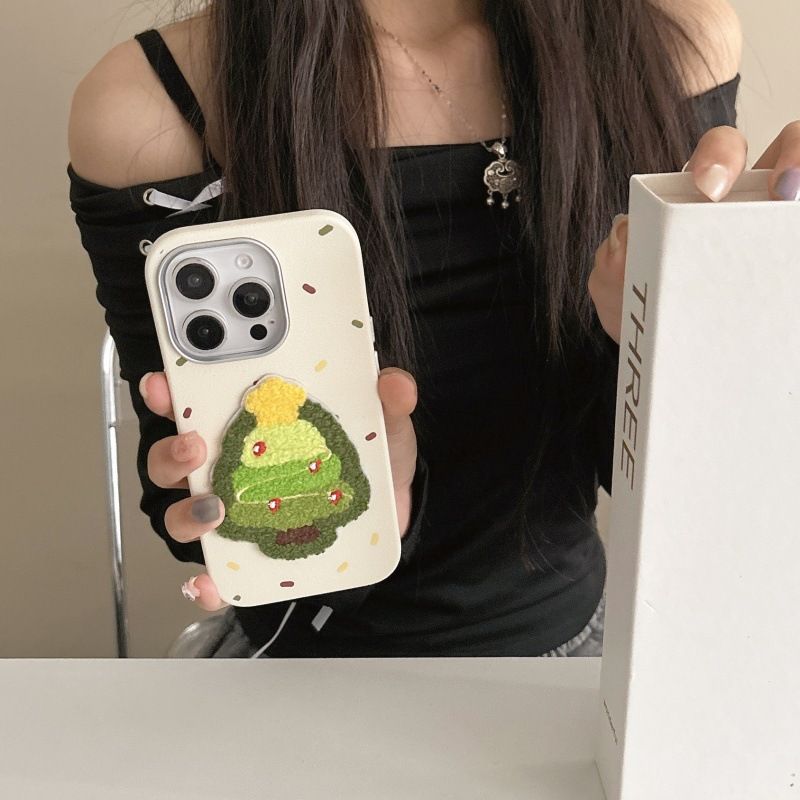 Leather Texture Embroidered Christmas Tree Case For IPhone 16 Pro Max, 15, 14, Autumn And Winter_voghion.com