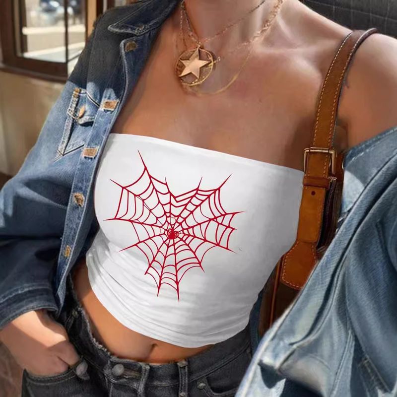 New American Red Spider Web Print Slim Fit Exposed Navel Short Style Sexy Strapless Top For Spicy Girls_voghion.com