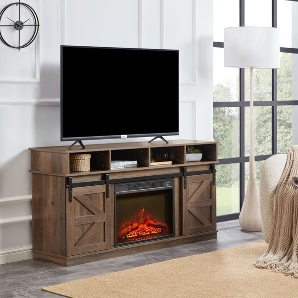 Modern Farmhouse TV Media Stand, Large Barn Inspired Home Entertainment Console, With 23' Fireplace Insert, For TV Up To 65'', With Open Shelves And_voghion.com