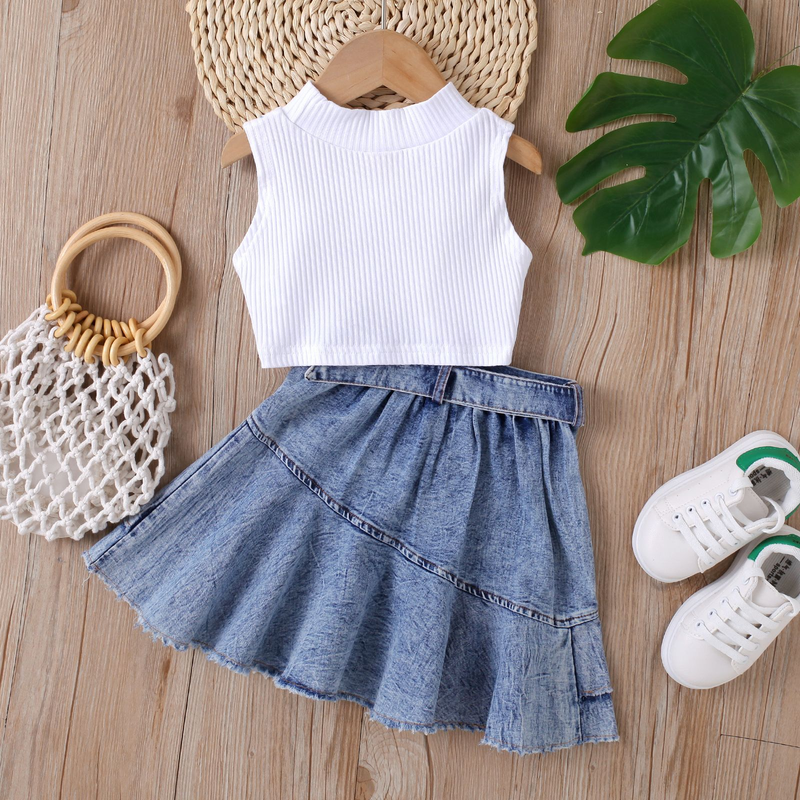 Moeder & Kinderen Kinderkleding Meisjes Effen Kleur Vest Mouwloos Top Denim Open Zak Geplooide Rok Pak_voghion.com