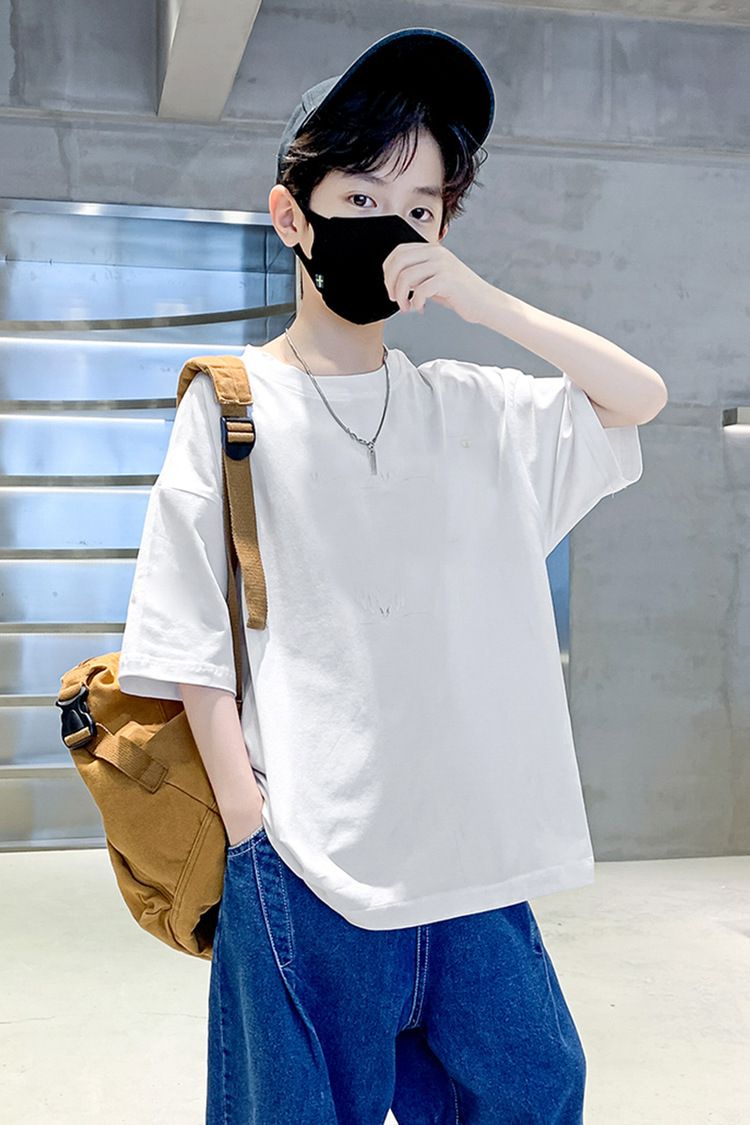 Camiseta de manga corta de color liso para niño - 95 % algodón, transpirable, para niños y adolescentes (8-14 años), suave e informal, ideal para verano (negro/blanco, 110-170 cm)_voghion.com
