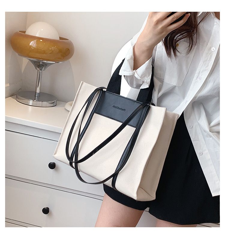Borse tote da donna, semplici borse tote da donna con colori di tela a contrasto e tracolla singola di grande capacità._voghion.com