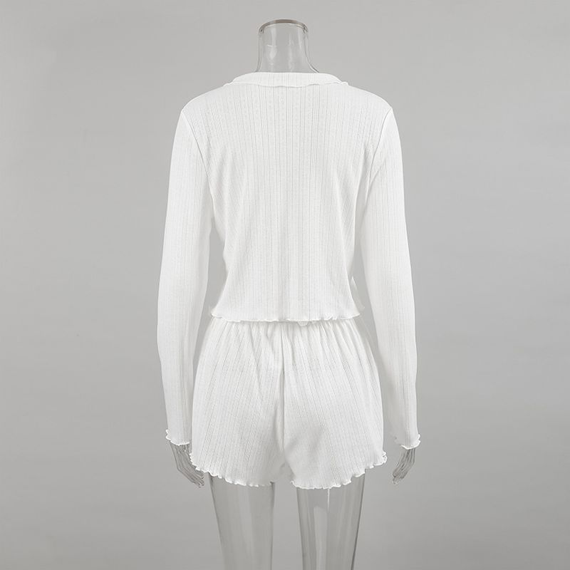 Damen-Nachtwäsche, neues weißes Jacquard-Pyjama-Set mit hohler Strickjacke, langärmeligen Shorts, Heimkleidung für Damen_voghion.com