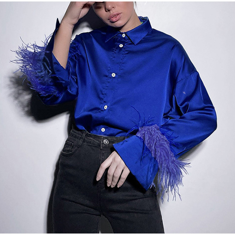 Abbigliamento da donna estate nuova moda casual versatile camicia in capelli di struzzo con cuciture in piume di seta ghiaccio per donna_voghion.com