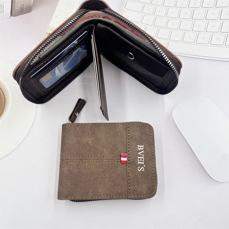Carteira resistente ao desgaste de alta qualidade, nova carteira masculina de PU da moda, carteira curta com zíper horizontal dobrável para moedas, bolsa de cartão casual retrô_voghion.com