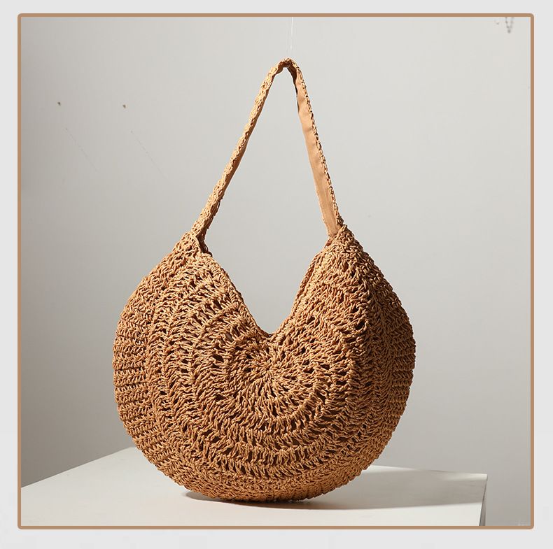 Neue Strohtasche, große Kapazität, Strohtasche, gewebte Tasche, einzelne Schulterhandtasche, runde Damentasche, Urlaubs- und Strandtasche_voghion.com
