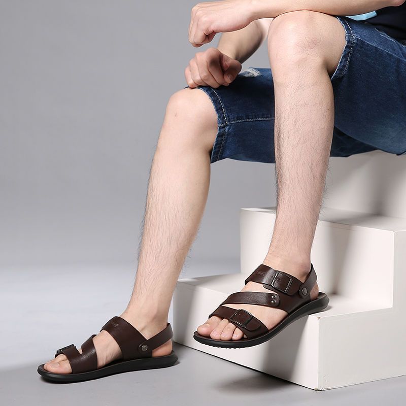 Fashion Comfortable Men's Sandals Solid Color Open Toe Mens Leather Sandals 2023 New Slippers Beach For Male Leather Footwear_voghion.com