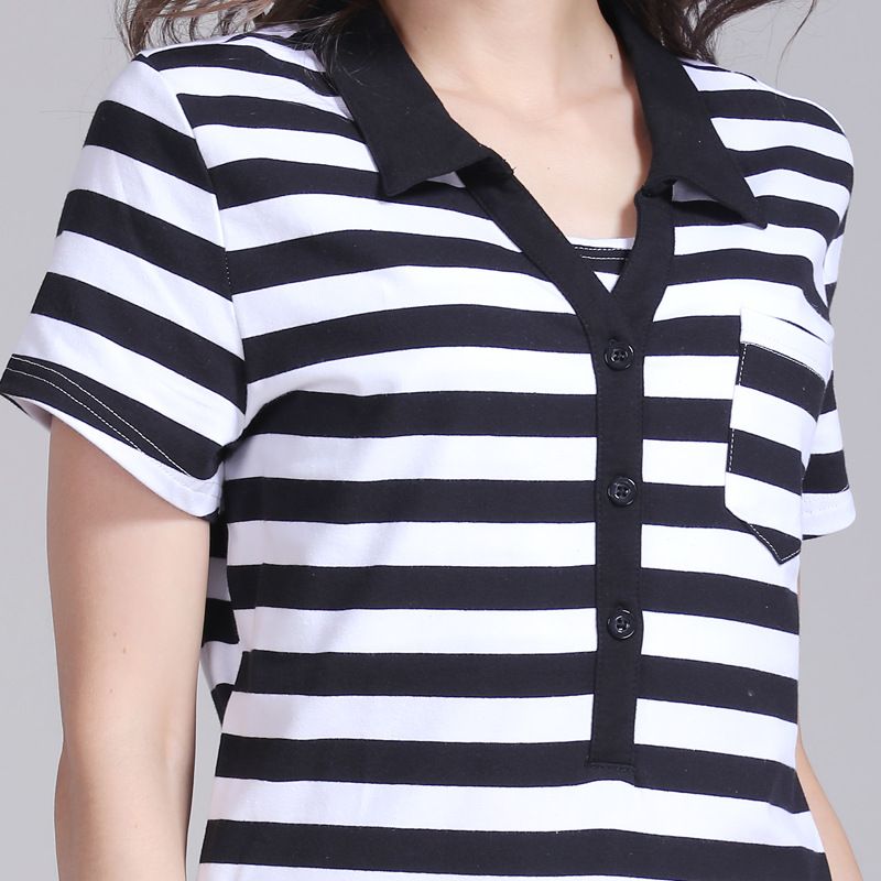Vestido de amamentação com gola alta, casual, verão, listrado, algodão puro, saia curta para mulheres grávidas ()_voghion.com