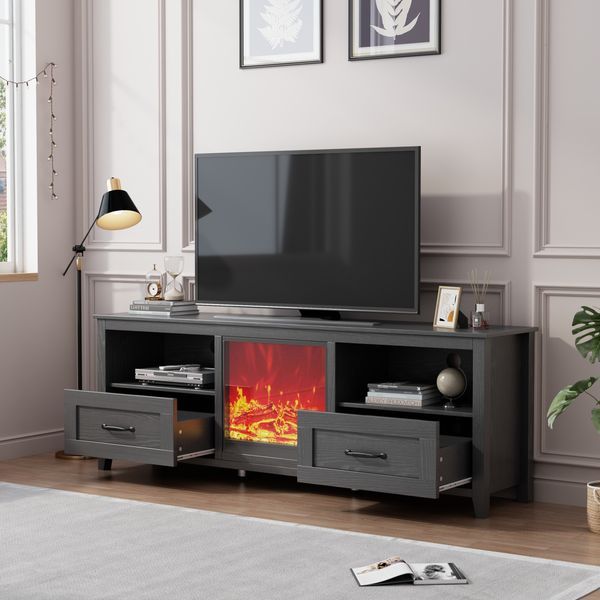 70.08 Inch Length Black TV Stand For Living Room And Bedroom, With 2 Drawers And 4 High-Capacity Storage Compartment,Suitable For Fireplace_voghion.com