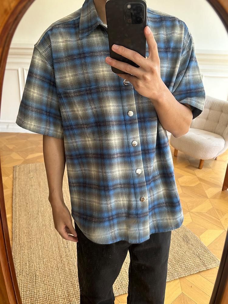 Flanell Blau Kariertes Kurzarmhemd Herren Sommer Kariertes Hemd Jacke_voghion.com