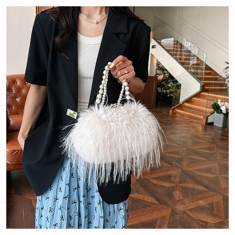 Borsa a tracolla con tracolla in stile fata, piccola borsa quadrata con catena di perle di peluche di grande capacità_voghion.com