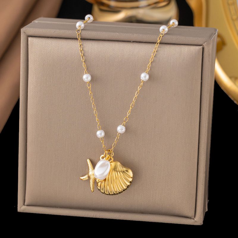 Shell Starfish Pearl Pendant Necklace, Women's Gold Stainless Steel Jewelry Necklace Accessories_voghion.com