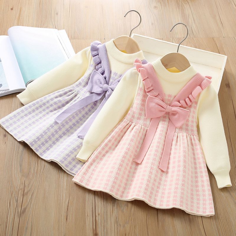 Mädchenkleid, ausgefallenes kleines Mädchen, süßer Strickpullover mit Schleife, Kinderkleid_voghion.com