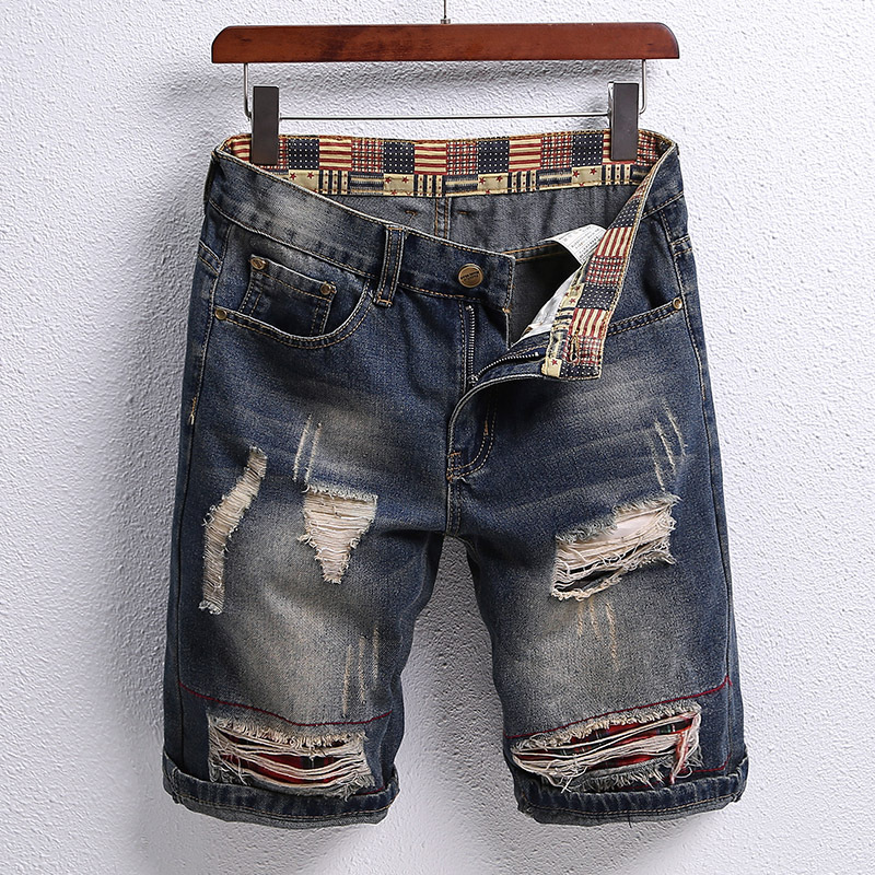 New Summer Distressed Patchwork Denim Shorts For Men, Straight-Leg Rolled Hem Five-Point Trendy Style_voghion.com