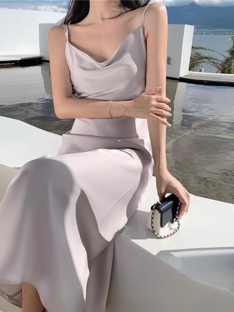 Summer New High-end Acetic Acid Swing Collar Camisole Dress With French Satin Glossy Drape Design_voghion.com