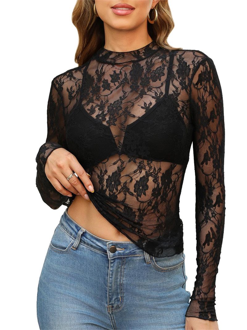 Women's Clothing Half High Neck Perspective Long Sleeved T Shirt Sexy Mesh Top_voghion.com