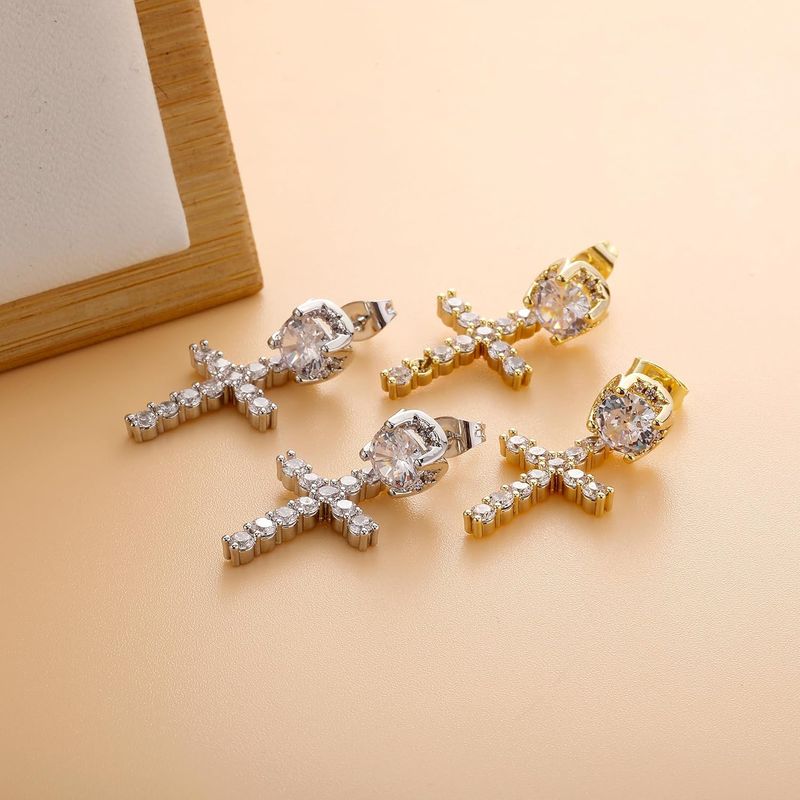 Orecchini pendenti a forma di croce, placcati in oro 14 carati, con zirconi cubici 5A+, in argento sterling ipoallergenico, per uomo e donna_voghion.com