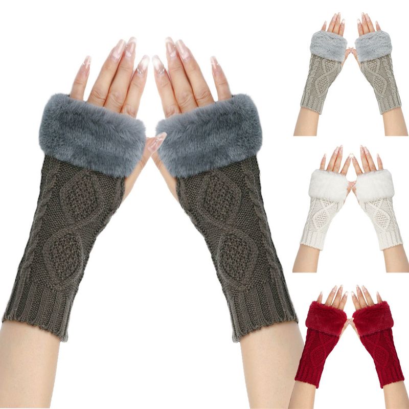 Damskie dzianinowe wełniane rękawiczki z półpalcami – ciepłe i miękkie, z podwójnym wzorem w romby, na jesień i zimę (krótki mankiet, stylowe i wygodne)_voghion.com