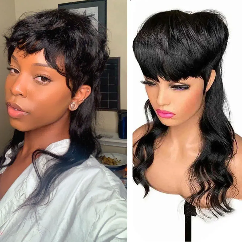 Kuyruklu Kısa Peri Kesimi Dalgalı İnsan Saçı Peruk Mulletcut Yapıştırıcısız Tam Makine Yapımı Perçem Perulu Remy Saç_voghion.com