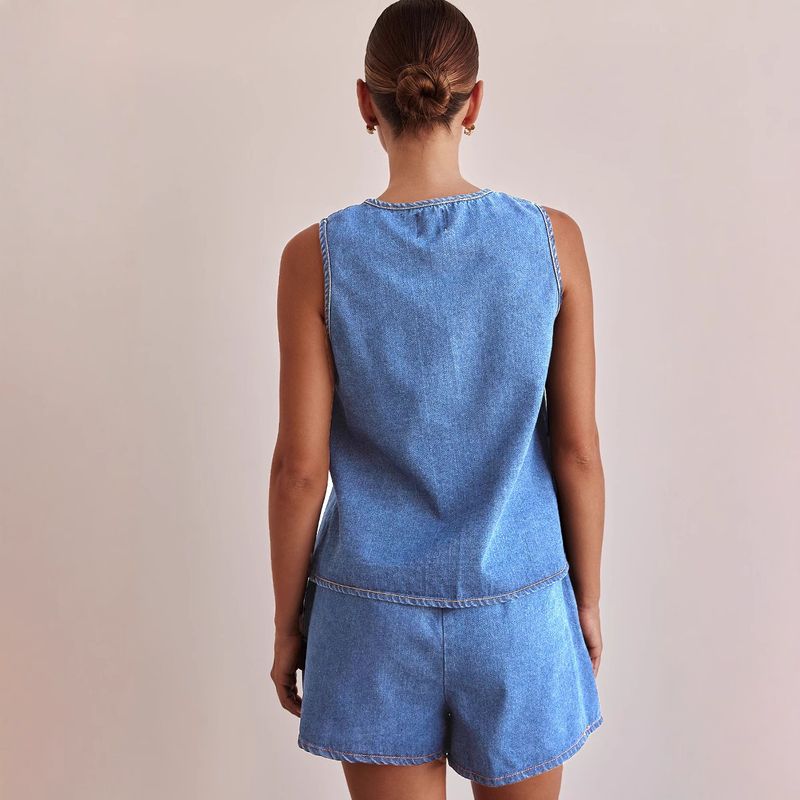 Women's Clothing Summer Fashion Casual Sleeveless Lace Up High Waist Women's Vest Denim Suit Shorts Women_voghion.com