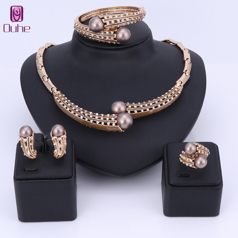 Damen-Set für Hochzeit, Braut, Brautjungfer, Kristall, künstliche Perlen, Halskette, baumelnde Ohrringe, Armreif, Ring, Party, Kostümschmuck-Set_voghion.com