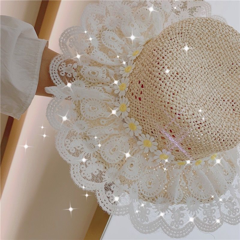 Chapeau de paille de plage pour enfants, mode, été, princesse, dentelle, protection solaire_voghion.com