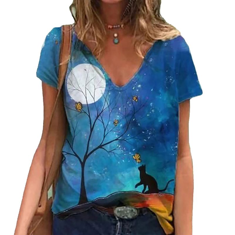 2021 New Pullover V-neck Short Sleeve Cat And Moon Print Loose T-shirt For Women_voghion.com