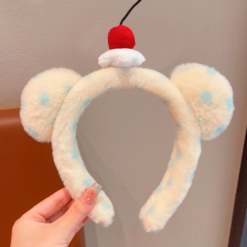 Cute Blue Polka Dot Plush Bear Earring Headband For Women, Face Wash, Face Mask, Photography Props, Accessories, Hair Clips_voghion.com
