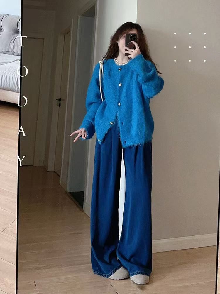 Mädchen Herbst Winter Aufhellender Pullover Mantel Strickcardigan Damen Kleinblau Flauschig Elegantes Design Top_voghion.com