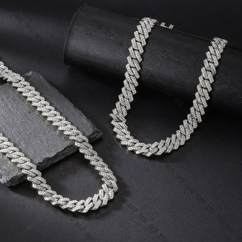 13MM Rhombus Prong Cuban Link Chain 2Row Iced Out Rhinestones Rapper Necklaces Bracelet For Men Women Choker Men Jewelry_voghion.com
