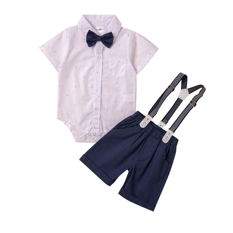 SAMGAMI BABY Ensemble trois pièces pour garçon, version coréenne, barboteuse à manches courtes, gilet et chapeau, blanc, nœud papillon, bretelles_voghion.com