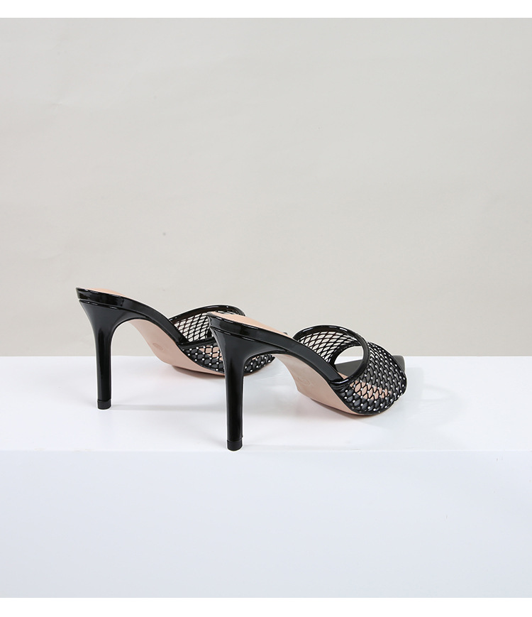 Women's high sense sheepskin black mesh rhinobason high heel slippers thin pointed open-toe heels_voghion.com