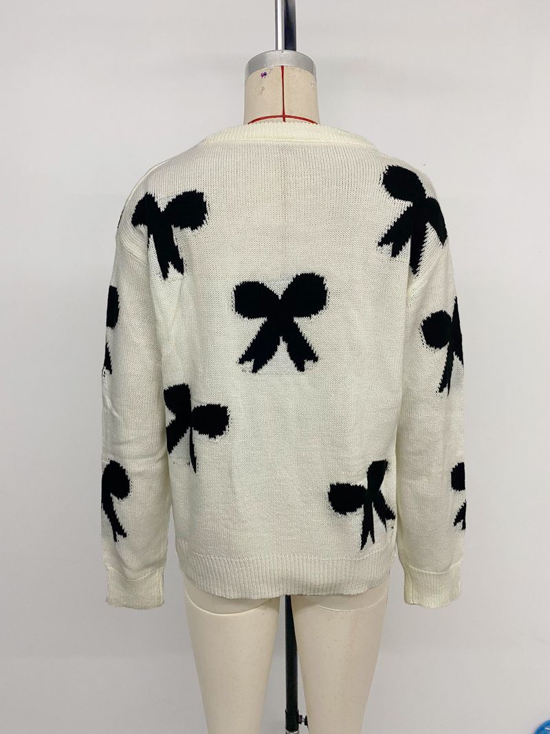 Pull en maille à nœud pour femme – Pull d'hiver doux et confortable, coupe ample, manches longues, motif jacquard (blanc crème)_voghion.com
