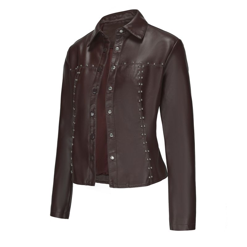 Dameskleding Lente en herfst Nieuwe klinknagel leren jas Cardigan knopen leren jas Mode dunne jas Dameskleding_voghion.com