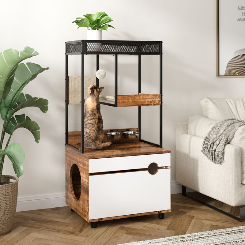 Cat Litter Box Enclosures With Cat Tree Tower, Cat Furniture ,Cat Cabinet_voghion.com
